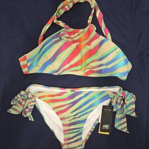 ABS By Allen Schwartz Colorful Striped Halter Bikini Set Medium